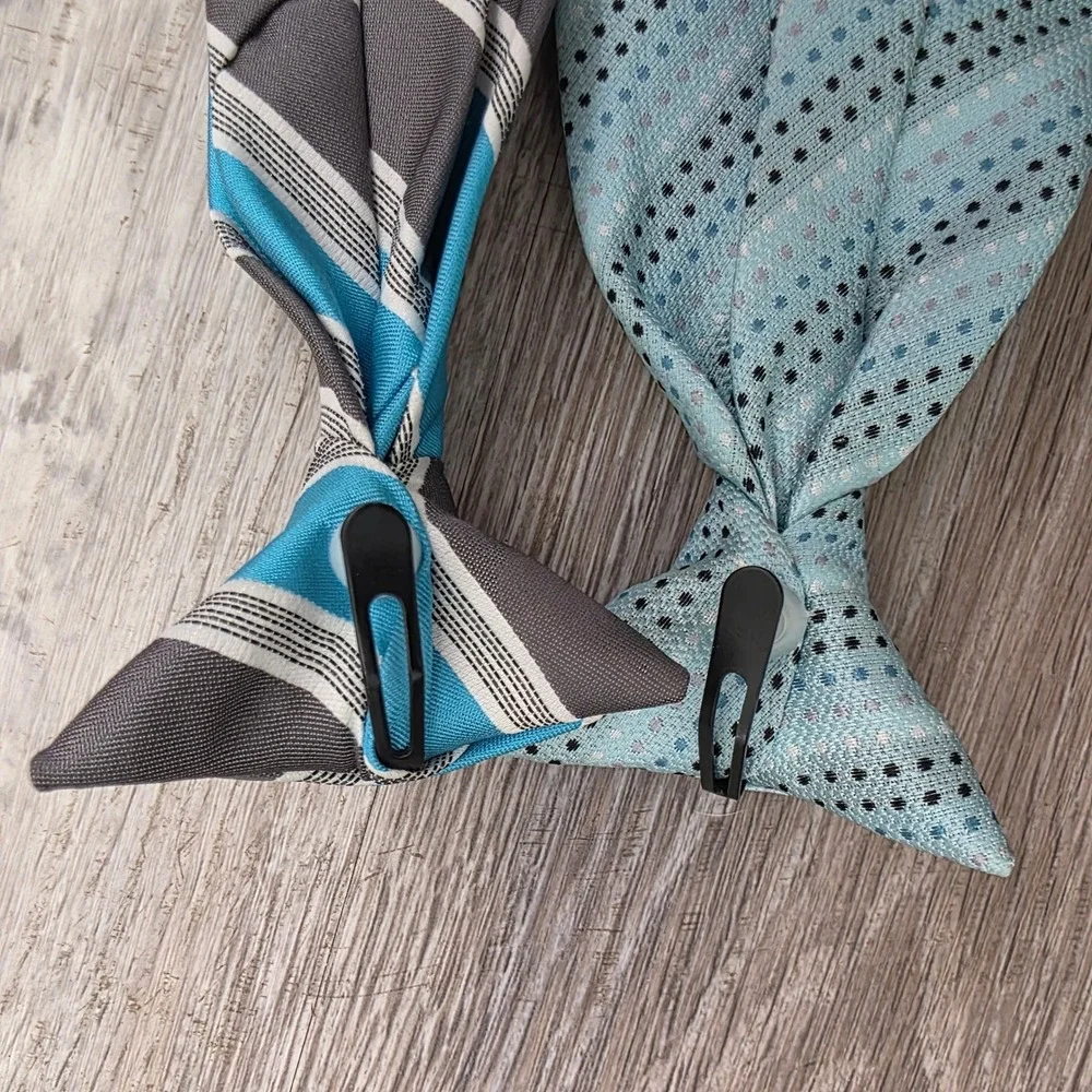 Boys Clip On Necktie Set of 2 Turquoise Grey Stripe Light Blue Dotted RN 29526